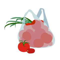 transparent plastic bag with  red tomatoes, store goods, packaging for delivery, color vector illustration isolated on a white background in a flat and hand drawn style