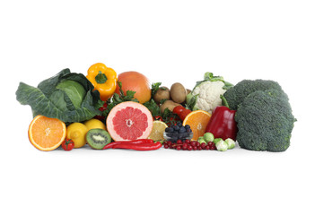 Fresh products rich in vitamin C on white background