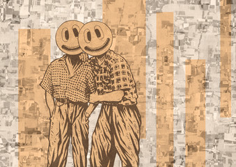 Two friends posing with emoticons instead of faces. Raster Version Illustration. 