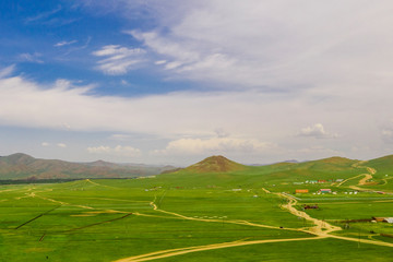 Aerial view of the Mongolian countryside, not far from Ulaanbaatar, the capital of Mongolia, circa...