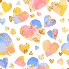 Seamless abstract geometric pattern with gold glitter and pastel watercolor hearts on white background
