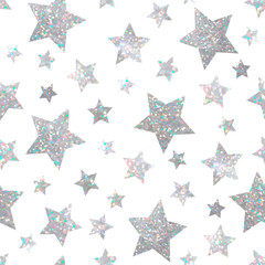 Sparkle seamless pattern with holographic silver glitter stars on white background - 347905817