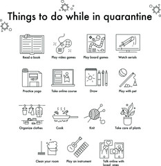 Things to do while in quarantine.  Self-isolation at home because of coronavirus. Various hobbies in isolation.