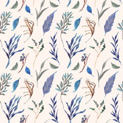 Fototapeta premium blue green leaves and branches watercolor seamless pattern