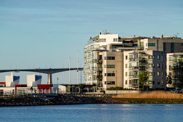 Kalmar, Sweden May 10, 2020 A modern redeveloped neighborhood by the sea called Varvsholmen and a view towards the Oland bridge. © Alexander