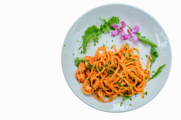 Top view of pasta with tomato sauce and cheese, homemade and restaurant  cooking on white background
