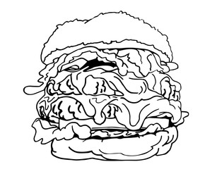 Vector  burger for coloring book, graphical sketch, fast food