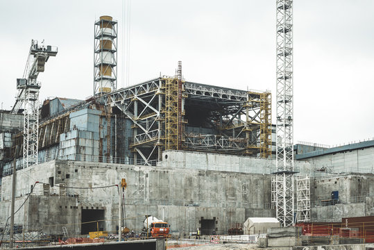 Chernobyl Abandoned Nuclear Plant. Nuclear Plant visible reactor no. 4 in Chernobyl Exclusion Zone. Won't be visible anymore as it's covered by the sarcophagus for the next hundred years. 