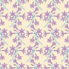 Six petals flower surface pattern design. Purple floral bunch seamless vector illustration.
