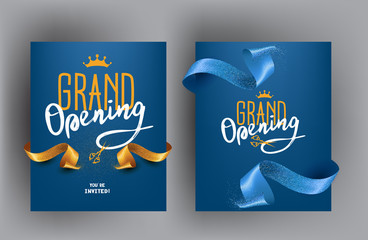 Grand opening cards with sparkling cut ribbons. Vector illustration