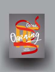 Grand reopening poster with curly ribbon and lettering. Vector illustration
