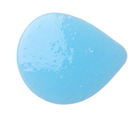 Sample of light blue cosmetic gel on white background, top view