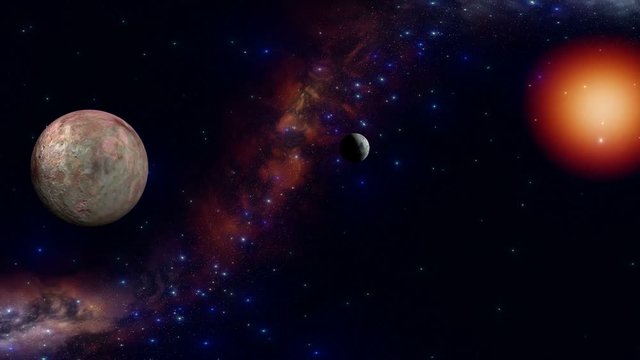 Two Planets in the Abyss of Space. There are blue stars in the dark sky, a beautiful multi-colored nebula and a bright red sun. Two planets slowly fly and rotate.
