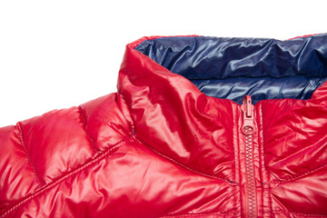 Blue and red full zipper windbreaker down jacket, rain proof down jacket. Down jacket sport shiny nylon full zip isolated on white. 
