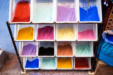 Colourful powdered pigments, Chefchouen, Morocco  