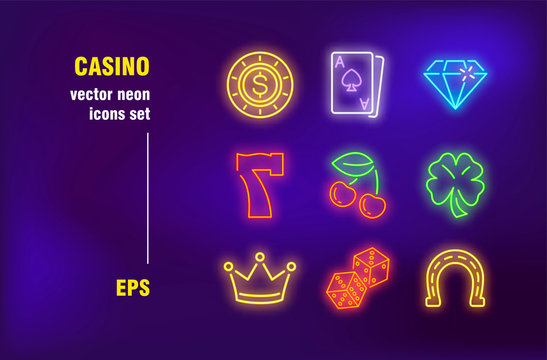Casino neon signs set. Fortune, risk, winner, token, poker cards, dices, clover. Night bright advertising. Vector illustration in neon style for gambling banners, posters, billboards