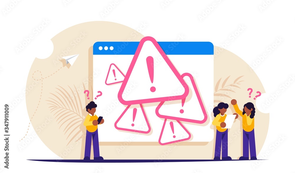 Poster system error concept. people stand near the open browser tab with an error. modern flat vector illus