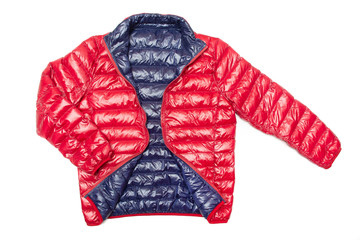 ฺBlue and red full zipper windbreaker down jacket, rain proof down jacket. Down jacket sport shiny nylon full zip isolated on white.  © cattyphoto