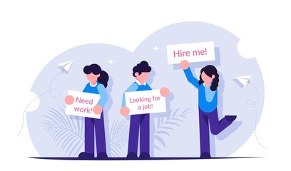 People stand with posters in search of work. Unemployment concept. Modern flat vector illustration.