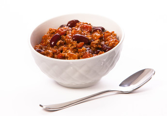 Bowl of Beef or Turkey Chili with beans and spoon