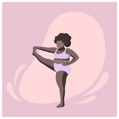 A woman with dark skin does yoga. Yoga asanas for overweight people. A black woman performs yoga poses.