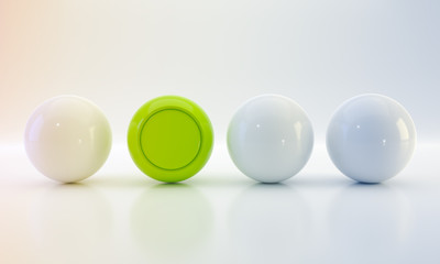 Abstract white and green balls in hi-tech style, on a light background. Concept show individuality...