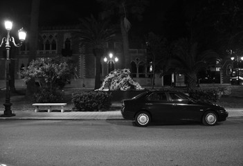 statue and car on the main street