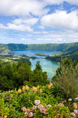 View to Green Lake and Blue Lake (Lagoa Verde and Lagoa Azul), Ponta Delgada, Sao Miguel island, Azores, Portugal 