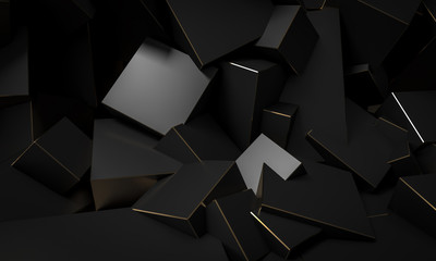 black cubic blocks with gold edges, minimalist abstract background.