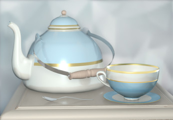 3d illustration on tea kettle on the beside table with copy space