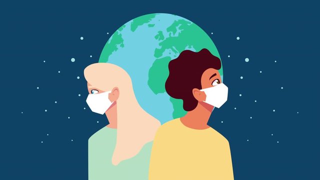 couple using face masks for covid19 and earth planet