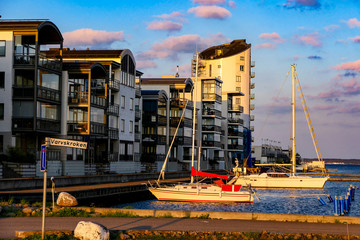 Kalmar, Sweden  A modern redeveloped neighborhood by the sea called Varvsholmen and a view towards the Oland bridge.