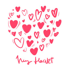 set of pink heart shaped hearts doodle vector. Design elements. white background. Valentine background. Abstract background. Hand drawn. Abstract shape