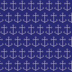 Anchor. Marine ornament. Vector seamless pattern. Knitting. Blue and white pattern