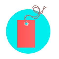 Illustration of a commodity red tag with a rope. Sale or discount. Vector illustration on a blue round background.