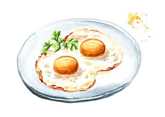 Fried eggs on the plate with fresh herbs. Healthy breakfast concept. Hand drawn watercolor illustration isolated on white background