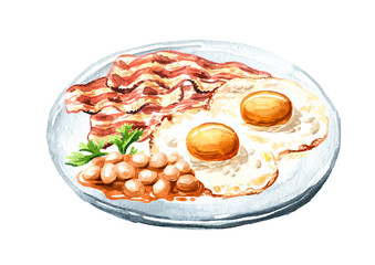 Traditional english breakfast with fried eggs, becon pieces and  beans in the sauce. Hand drawn watercolor illustration isolated on white background