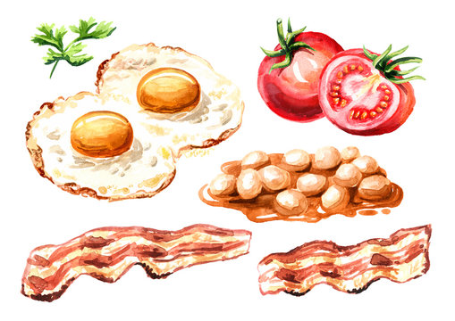 Traditional english breakfast with fried eggs, becon pieces, fresh timatoes and  beans in the sauce set. Hand drawn watercolor illustration isolated on white background