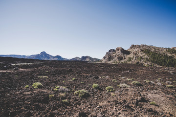 Tenerife landscape view over Teide volcano in the Canary Islands. Eruption background photo.