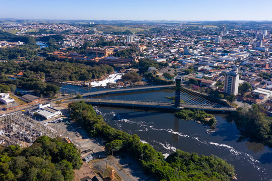 cable-stayed bridge over the Tiete river seen from the top in Salto, Sao Paulo, Brazil