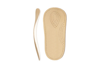 Isolated orthopedic insole on a white background. Treatment and prevention of flat feet and foot diseases. Foot care, comfort for the feet. Wear comfortable shoes. Medical insoles. Flat Feet Correctio