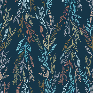Abstract elegant seamless pattern of lined botanical floral motifs of tangled plants and leaves in blue tones. Perfect for textiles, shirts, sheets, surfaces, wallpapers, wrapping paper, decorations.