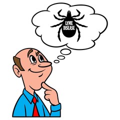 Thinking about Lyme Disease - A cartoon illustration of a man thinking about Lyme Disease.
