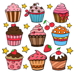 Set of cute vector cupcakes and muffins. Stock vector.Cute Ten Cupcakes. Vector illustration. Cartoon style. Isolated on white background.