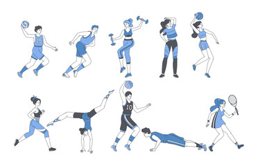 Young people doing sport activities fitness workout or playing sport games.