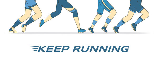 Keep training vector banner template. Running feet in sportswear and sneakers vector cartoon outline illustration.