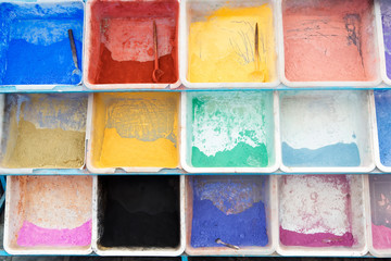 Colourful powdered pigments, Chefchouen, Morocco  