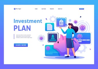 Girl demonstrates her investment plan, investment and profit growth. Flat 2D character. Landing page concepts and web design