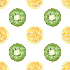 Kiwi and lemon watercolor hand drawn seamless pattern. Round slices of fruit on a white background wallpaper. 