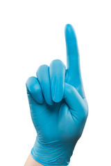 Male doctor hand in blue glove make gesture. Shot in studio. Isolated with clipping path on white background